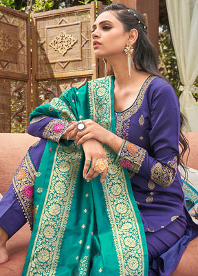 3 Pc Royal Blue Unstitched Silk Suit Set With Dupatta