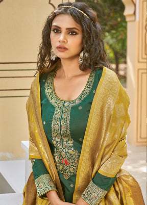 3 Pc Green Unstitched Silk Suit Set With Dupatta