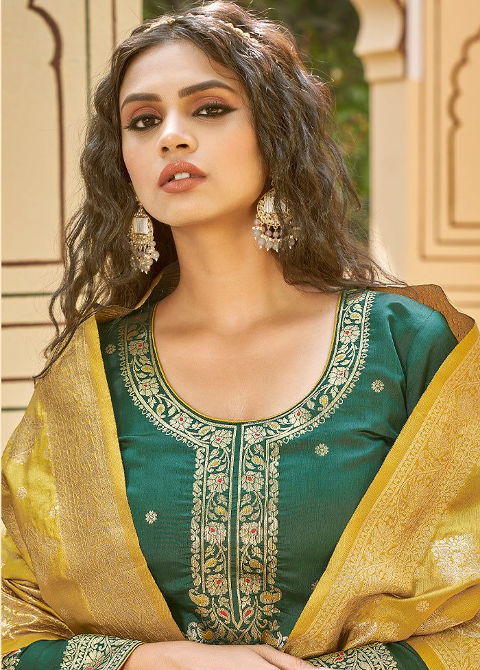 3 Pc Green Unstitched Silk Suit Set With Dupatta