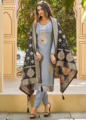 3 Pc Grey Unstitched Silk Suit Set With Dupatta