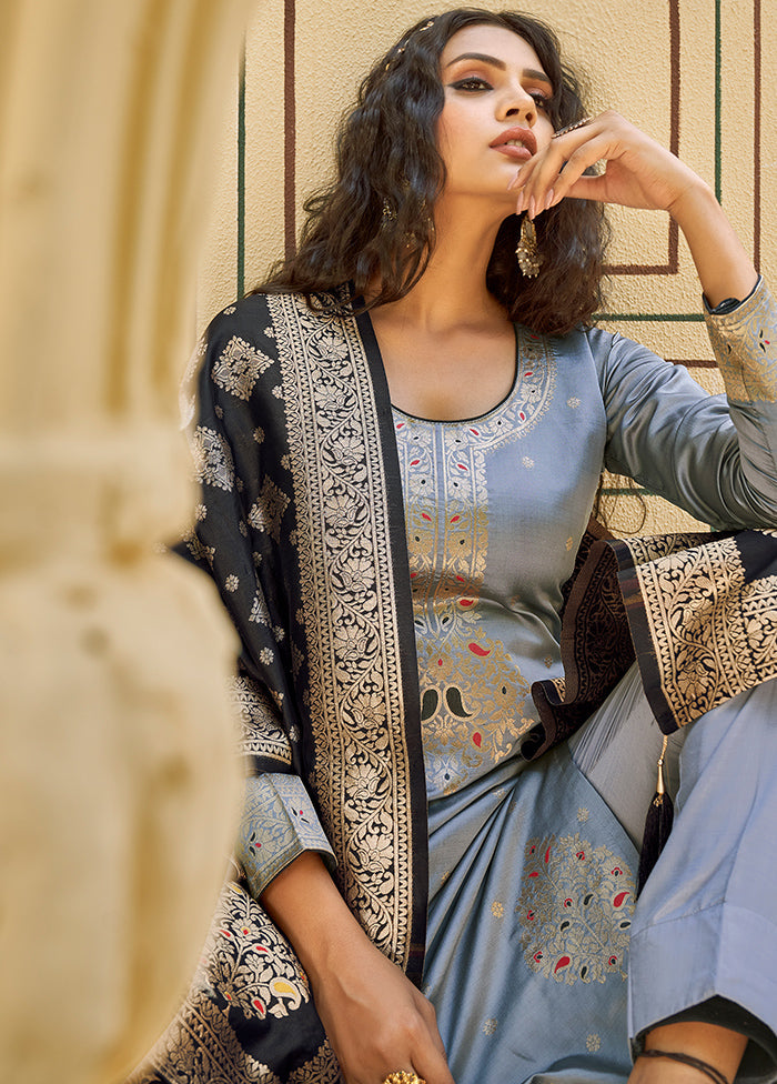 3 Pc Grey Unstitched Silk Suit Set With Dupatta