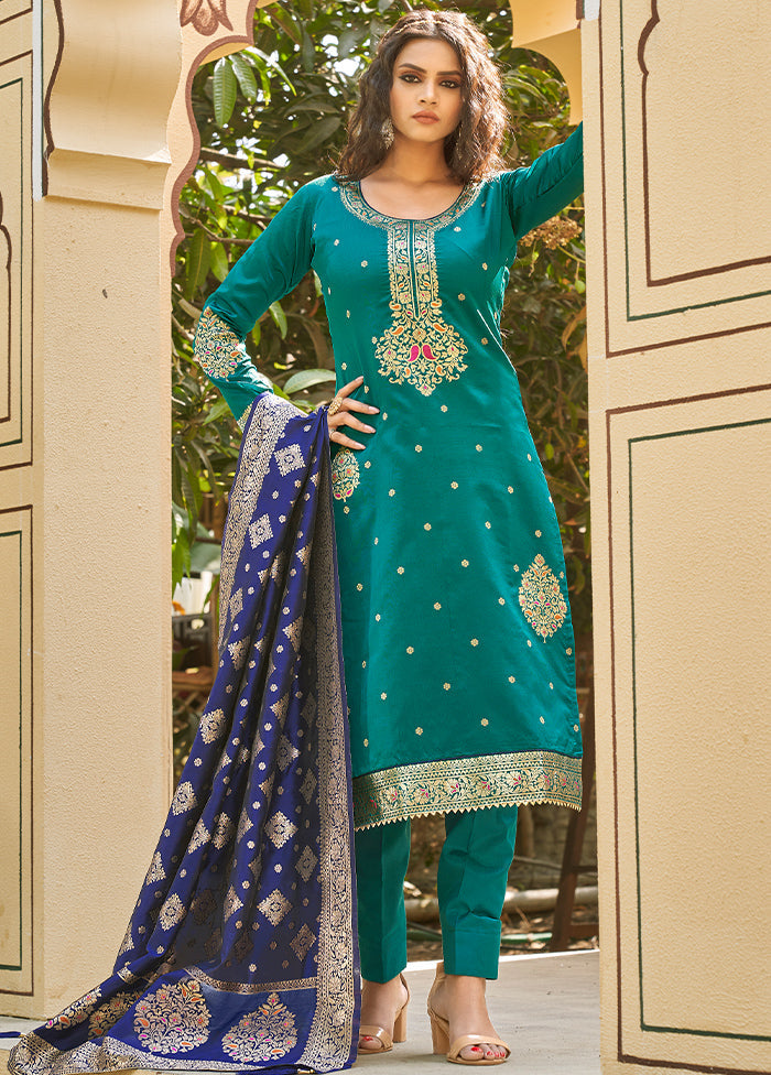 3 Pc Green Unstitched Silk Suit Set With Dupatta