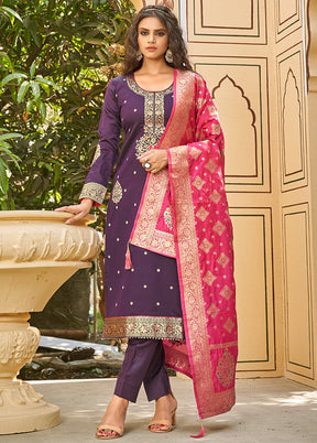 3 Pc Purple Unstitched Silk Suit Set With Dupatta