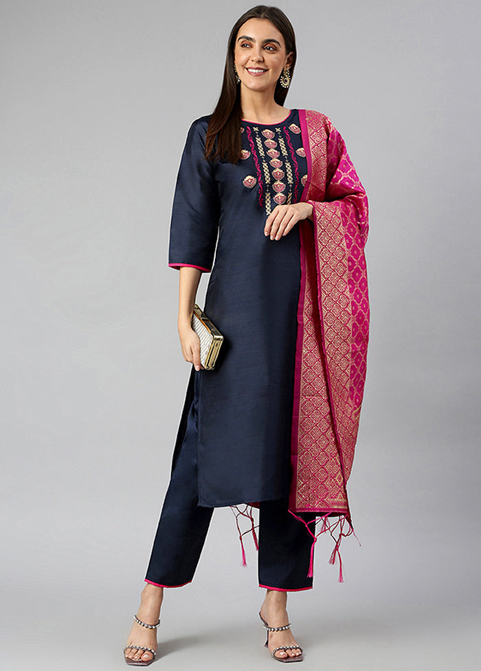 Navy Blue 3 Pc Silk Suit Set With Dupatta