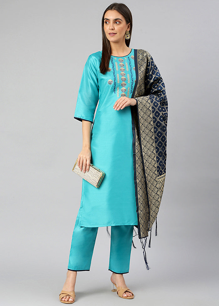 Sky Blue 3 Pc Silk Suit Set With Dupatta