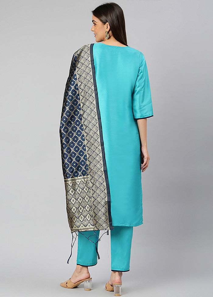 Sky Blue 3 Pc Silk Suit Set With Dupatta