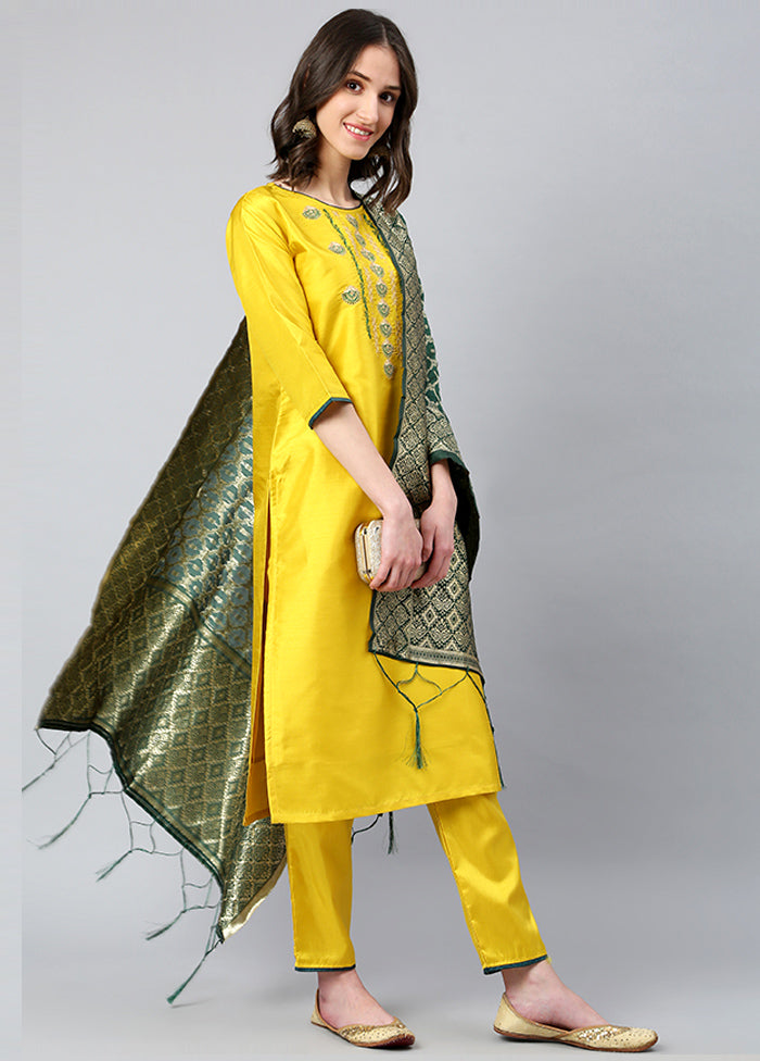 Yellow 3 Pc Silk Suit Set With Dupatta