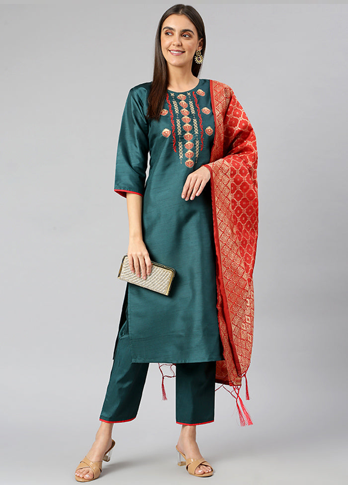 Green 3 Pc Silk Suit Set With Dupatta