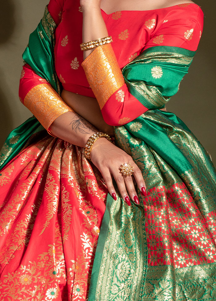 Red Semi Stitched Silk Lehenga Choli Set With Dupatta