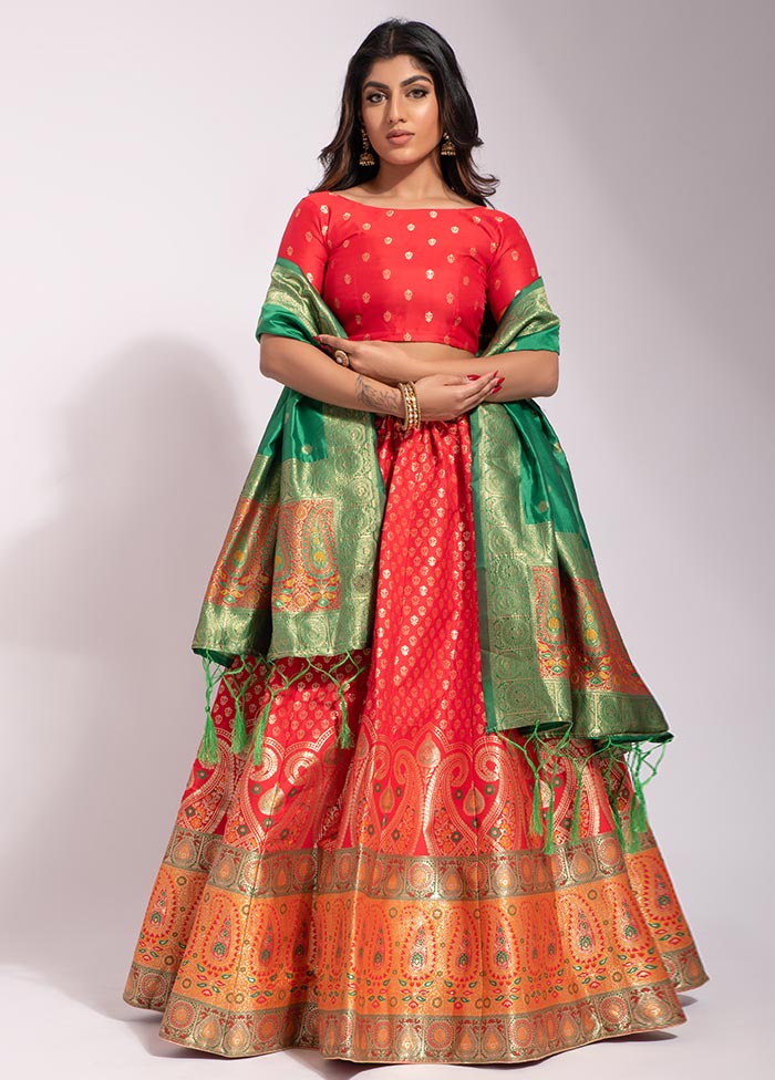 Red Semi Stitched Silk Lehenga Choli Set With Dupatta