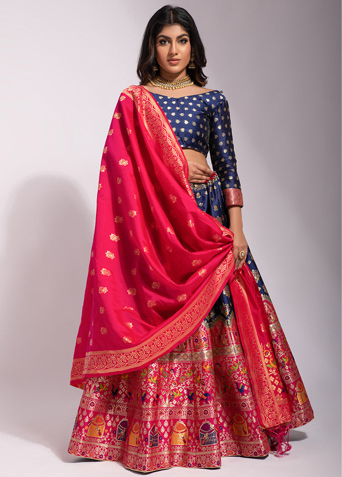 Navy Blue Semi Stitched Silk Lehenga Choli With Dupatta