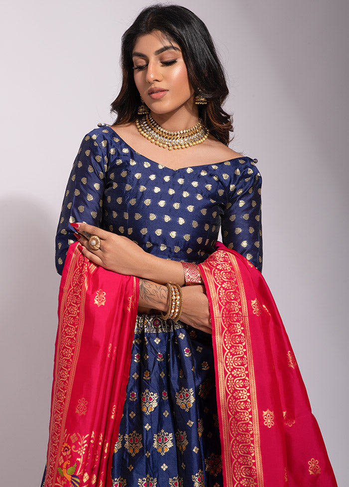 Navy Blue Semi Stitched Silk Lehenga Choli With Dupatta