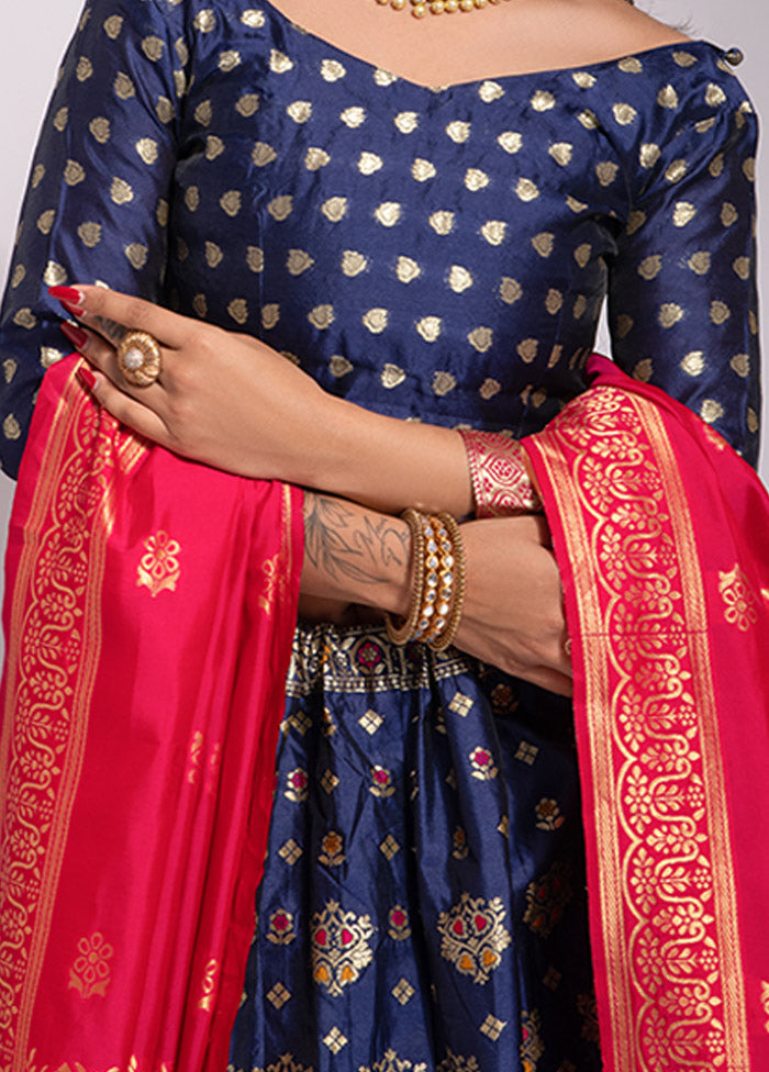 Navy Blue Semi Stitched Silk Lehenga Choli With Dupatta