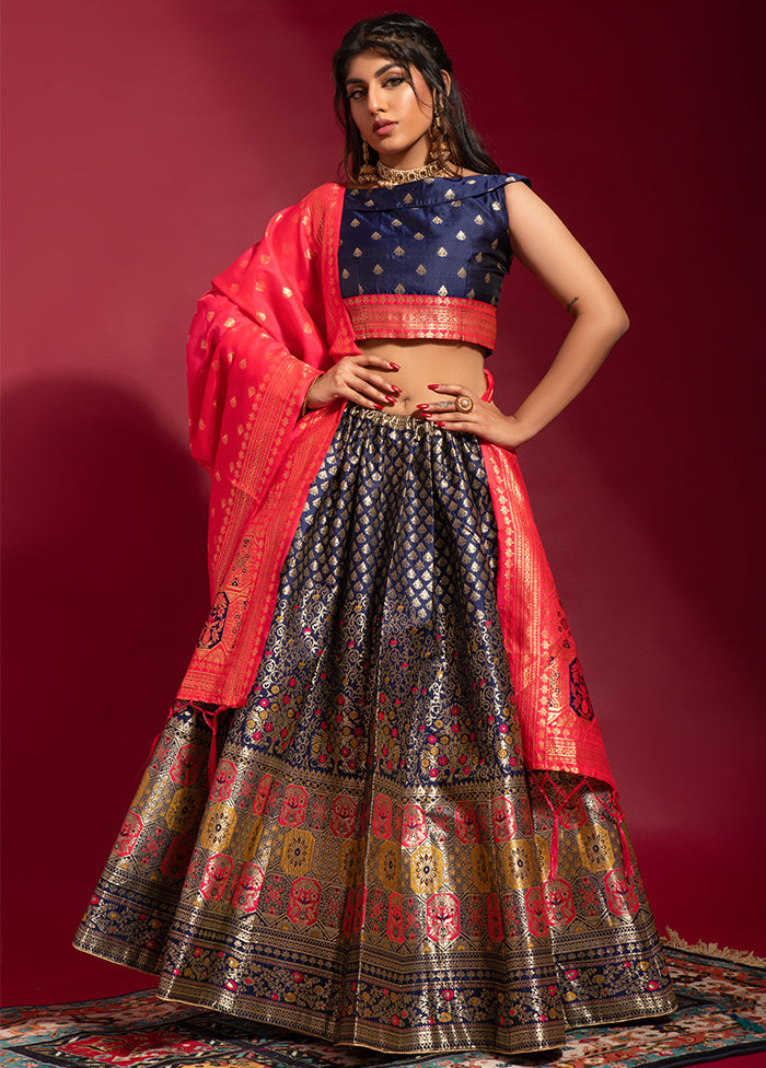 3 Pc Navy Blue Semi Stitched Woven Lehenga