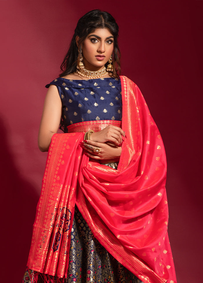 3 Pc Navy Blue Semi Stitched Woven Lehenga