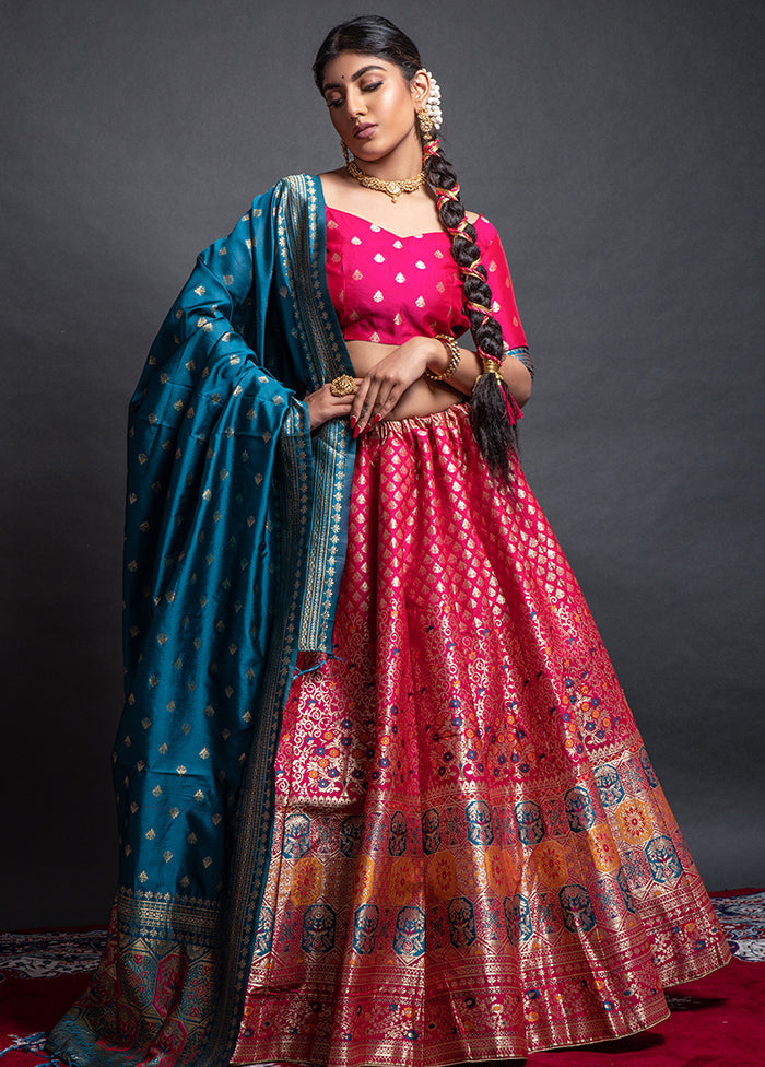 3 Pc Rani Pink Semi Stitched Woven Lehenga