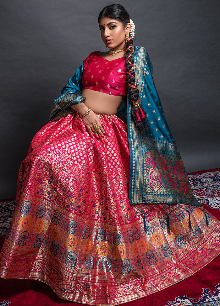 3 Pc Rani Pink Semi Stitched Woven Lehenga