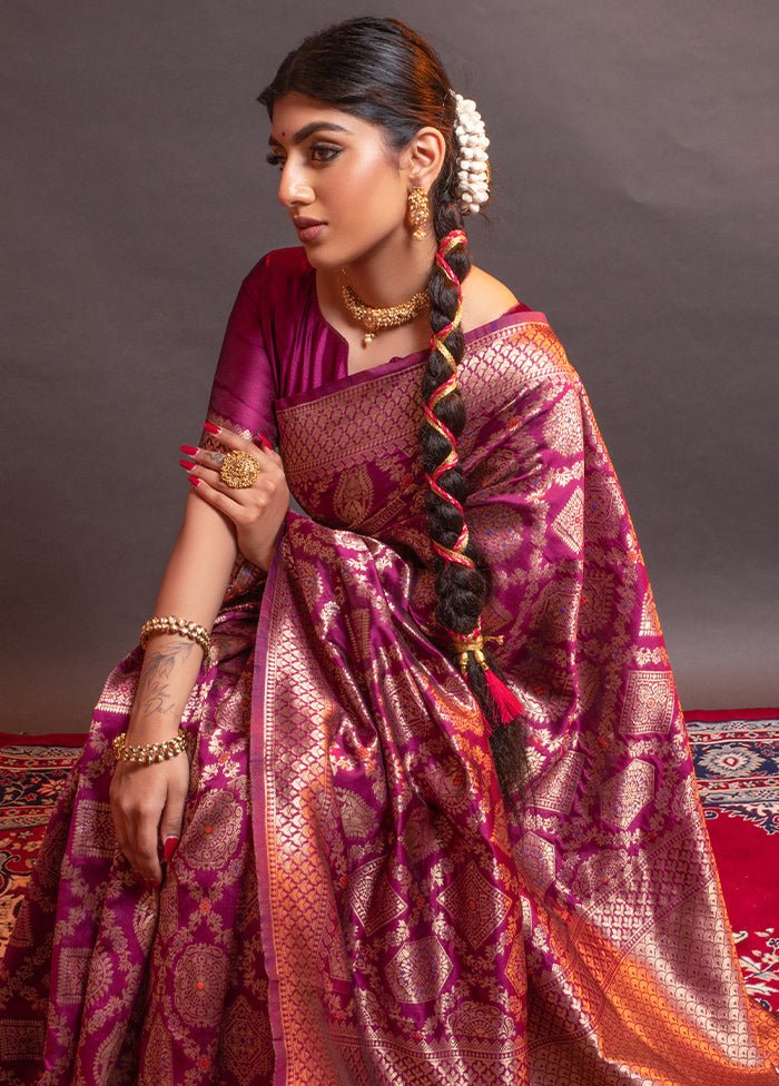 Magenta Spun Silk Saree With Blouse Piece