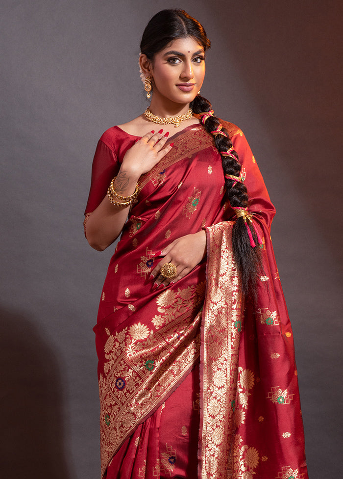 Maroon Spun Silk Saree With Blouse Piece