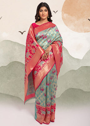 Sky Blue Spun Silk Saree With Blouse Piece