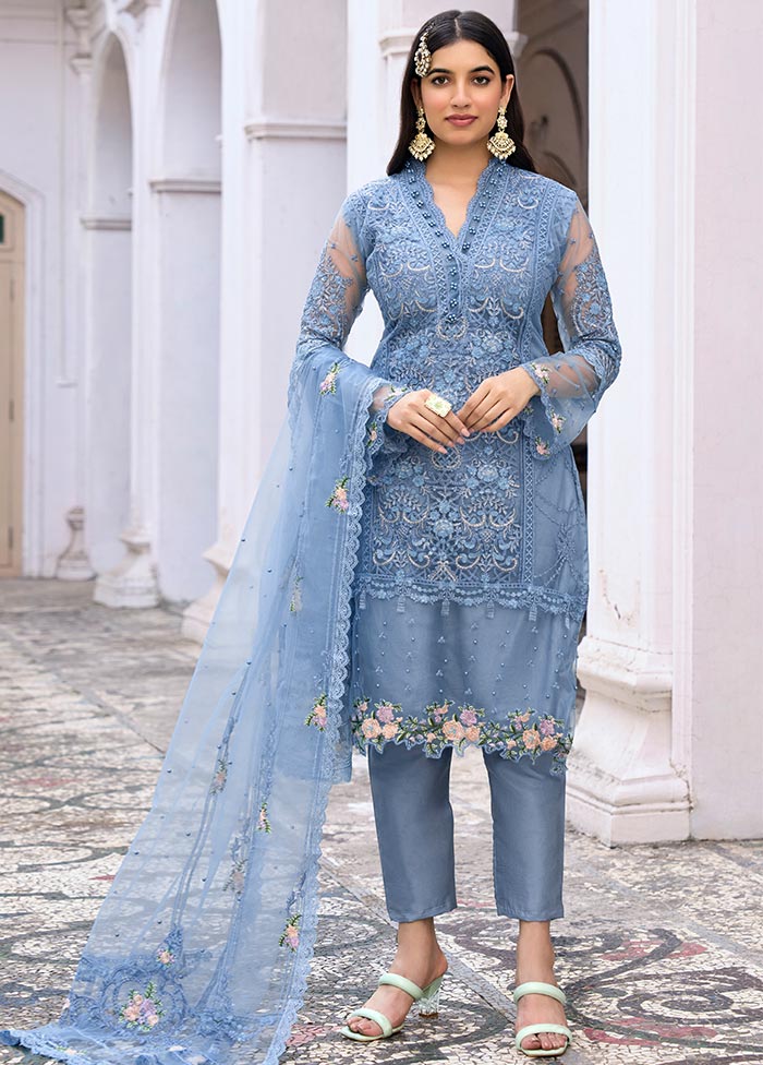 3 Pc Blue Semi Stitched Silk Suit Set With Dupatta