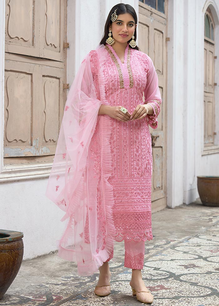 3 Pc Pink Semi Stitched Silk Suit Set With Dupatta VDLL10802235
