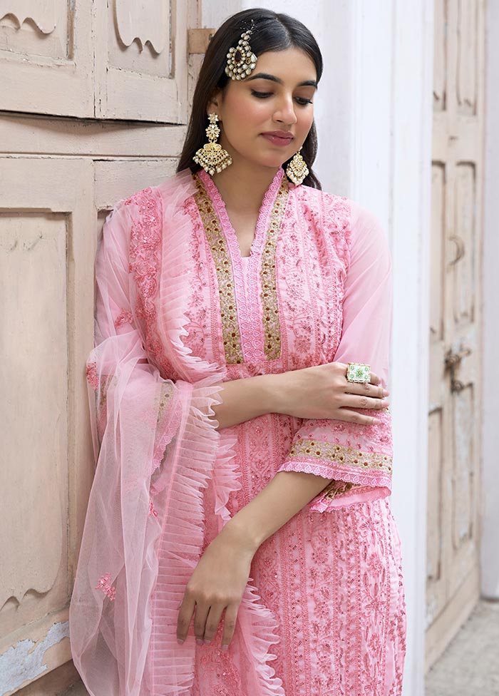 3 Pc Pink Semi Stitched Silk Suit Set With Dupatta