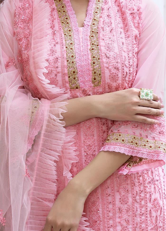 3 Pc Pink Semi Stitched Silk Suit Set With Dupatta
