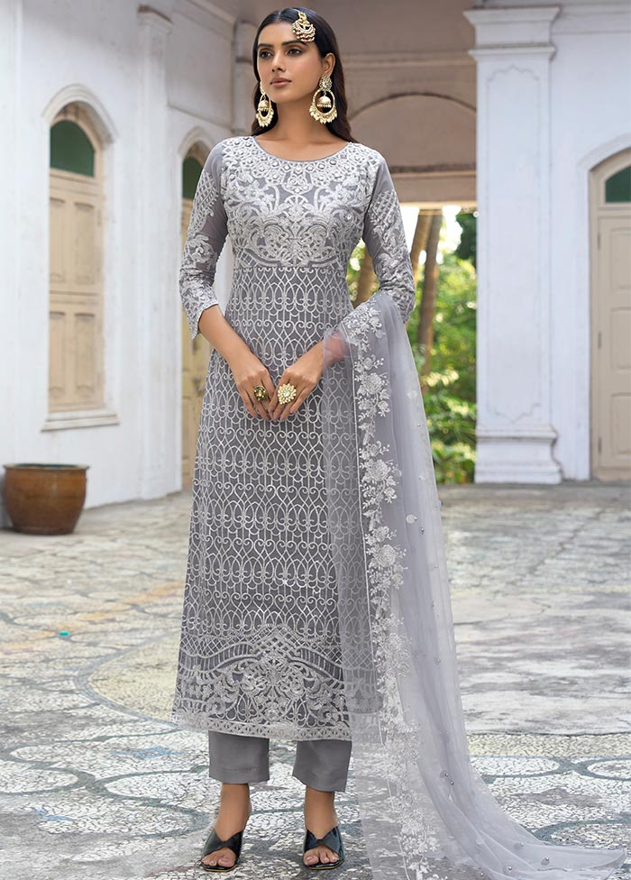 3 Pc Grey Semi Stitched Silk Suit Set With Dupatta