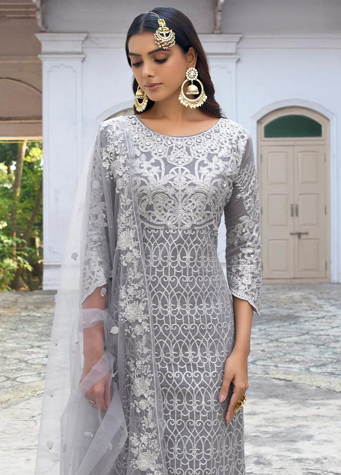 3 Pc Grey Semi Stitched Silk Suit Set With Dupatta