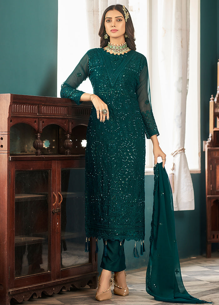 3 Pc Teal Blue Silk Suit Set With Dupatta