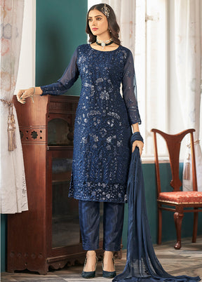 3 Pc Navy Blue Silk Suit Set With Dupatta