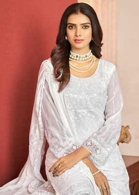3 Pc White Silk Suit Set With Dupatta