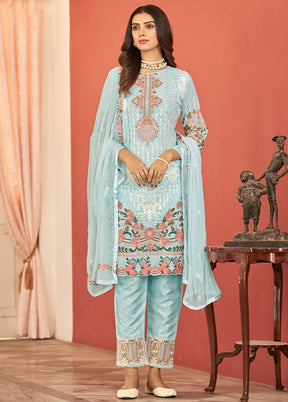 3 Pc Sky Blue Silk Suit Set With Dupatta