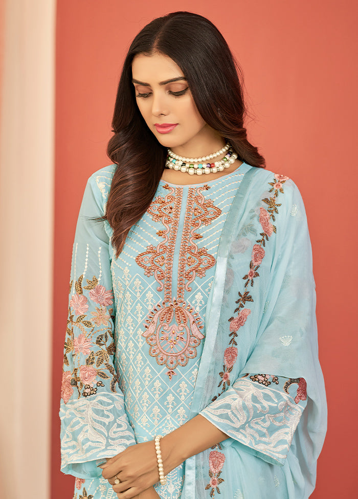 3 Pc Sky Blue Silk Suit Set With Dupatta