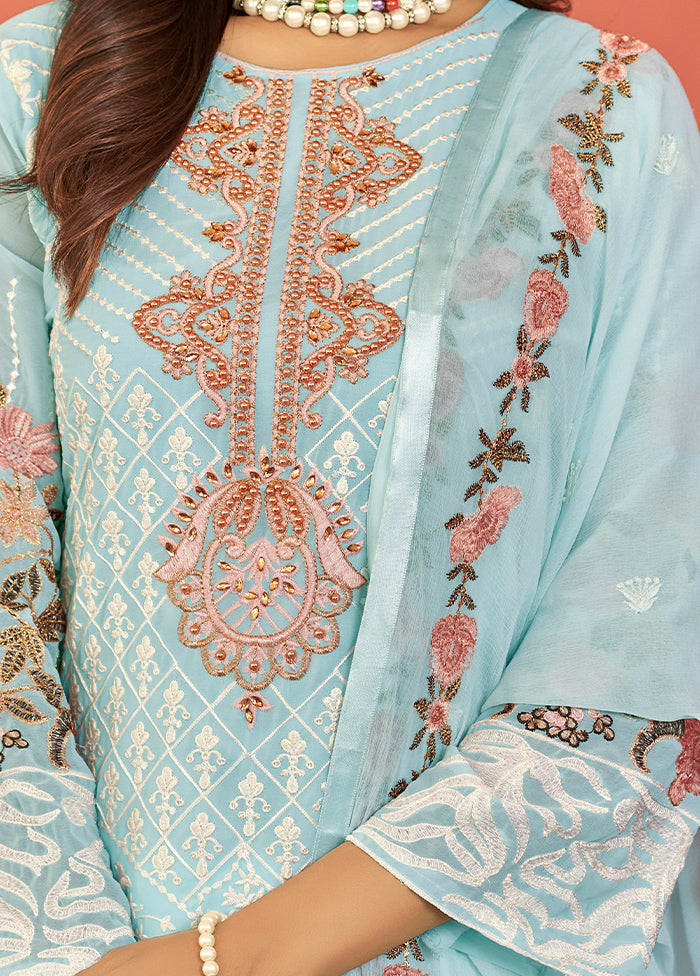 3 Pc Sky Blue Silk Suit Set With Dupatta