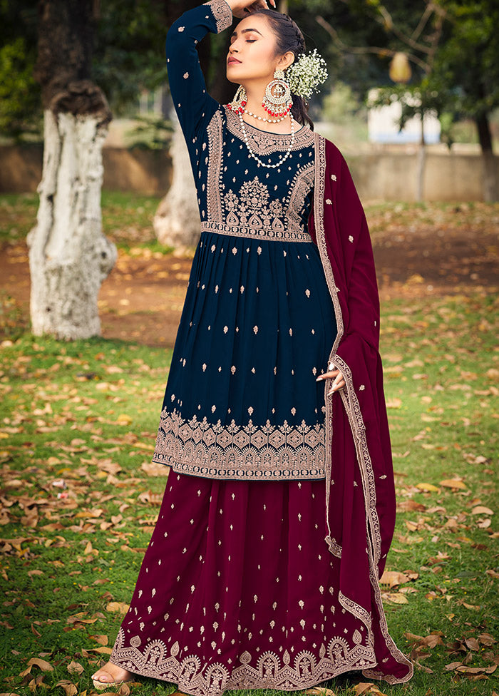 3 Pc Navy Blue Georgette Suit Set With Dupatta