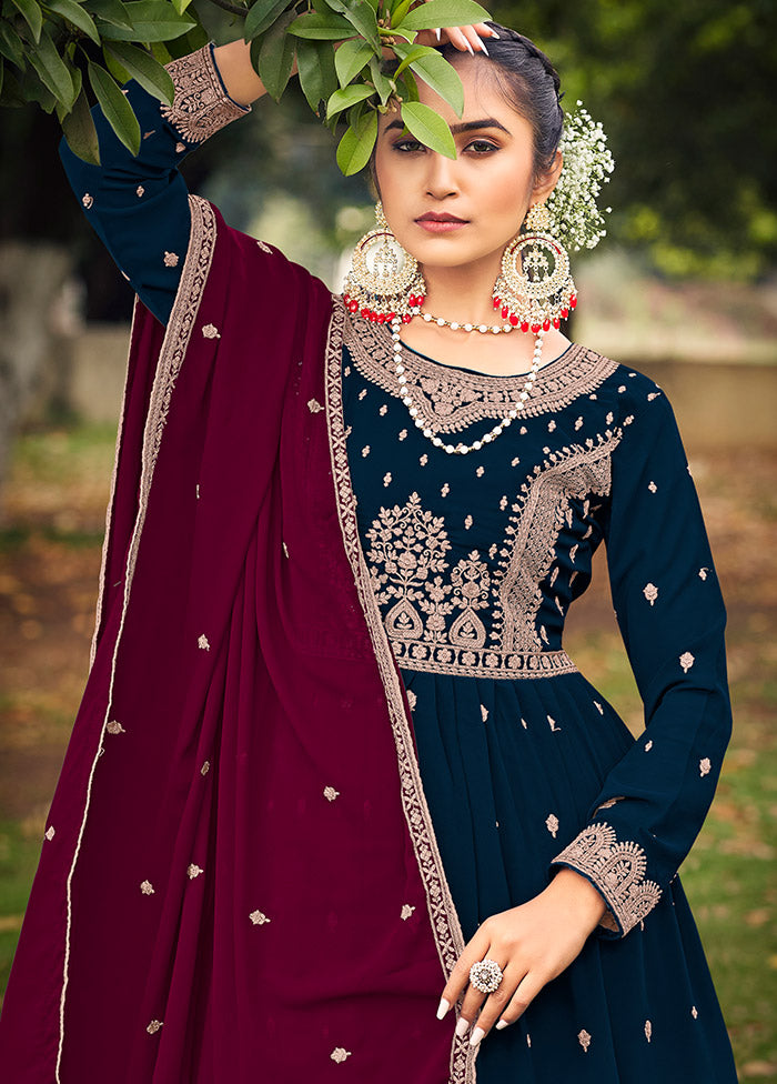 3 Pc Navy Blue Georgette Suit Set With Dupatta