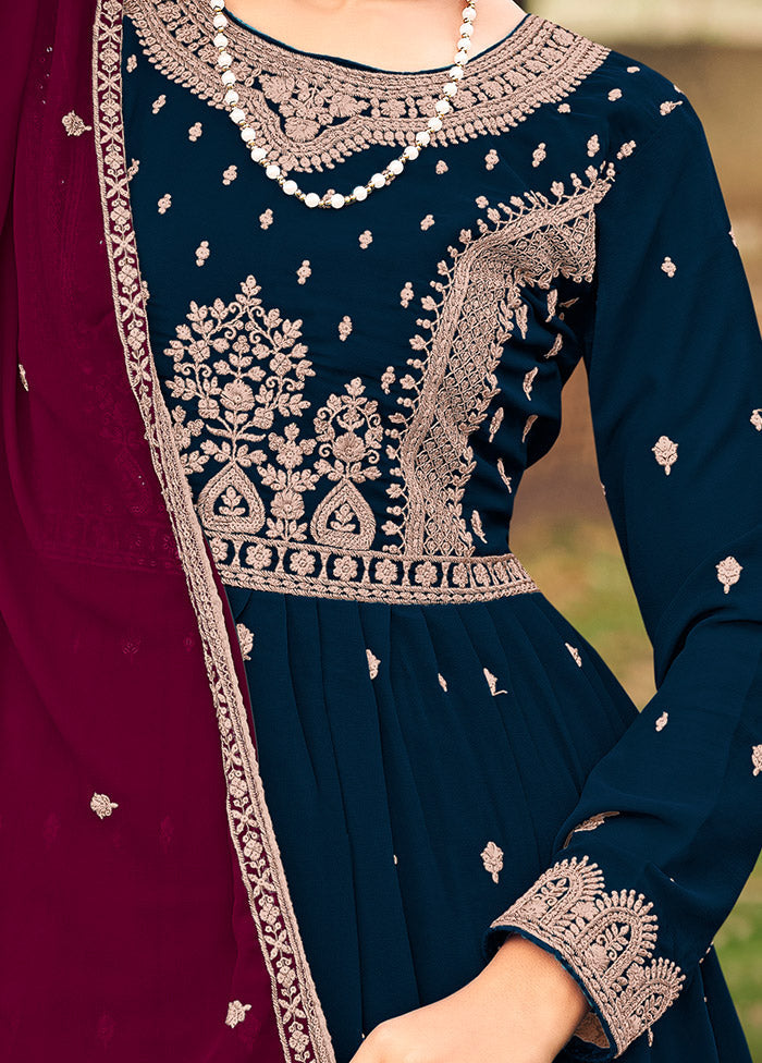 3 Pc Navy Blue Georgette Suit Set With Dupatta