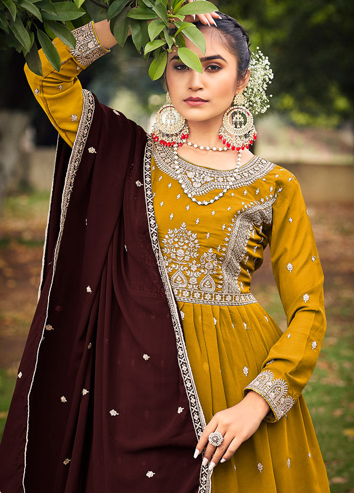 3 Pc Mustard Georgette Suit Set With Dupatta