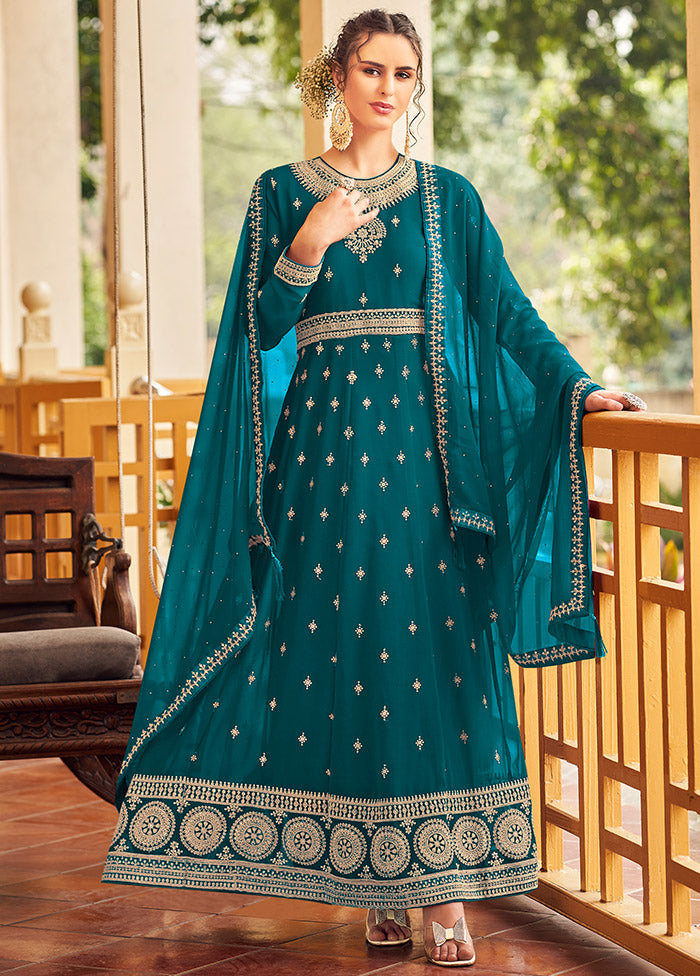 3 Pc Blue Georgette Suit Set With Dupatta