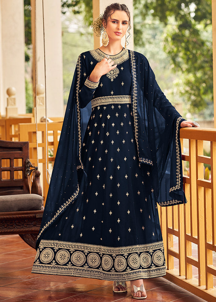 3 Pc Blue Georgette Suit Set With Dupatta