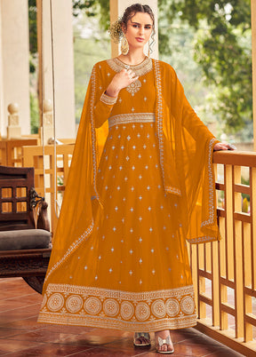 3 Pc Mustard Georgette Suit Set With Dupatta