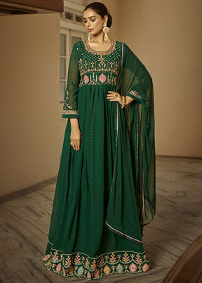 3 Pc Dark Green Georgette Suit Set With Dupatta