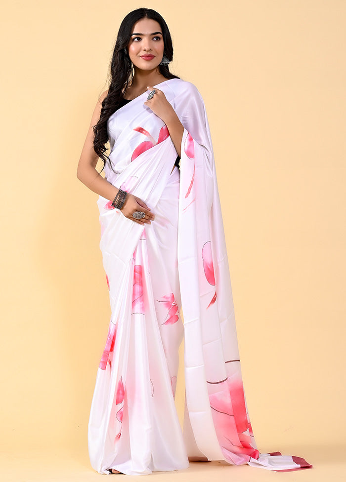 White Chiffon Silk Printed Saree With Blouse