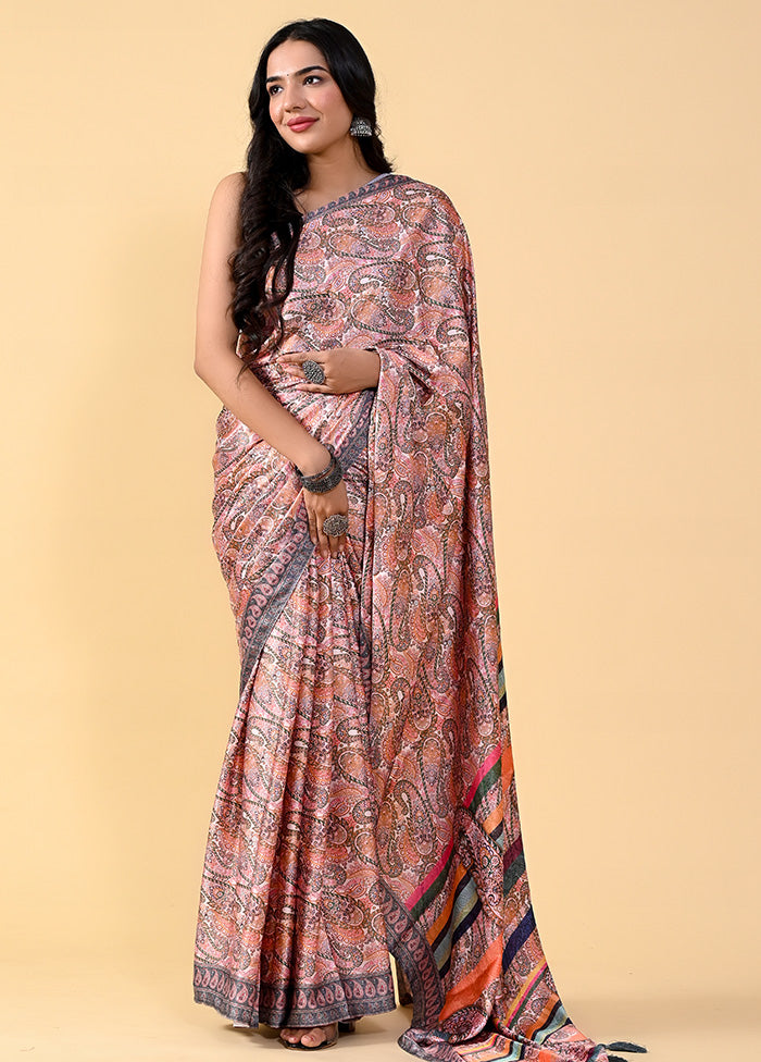 Brown Chiffon Silk Printed Saree With Blouse