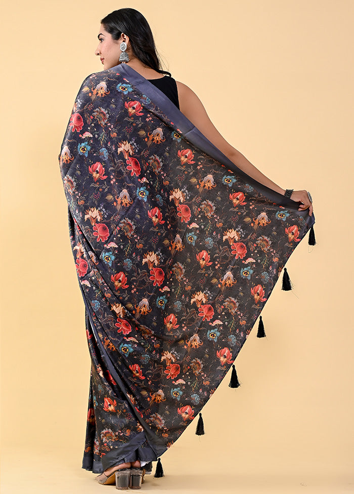 Black Chiffon Silk Printed Saree With Blouse