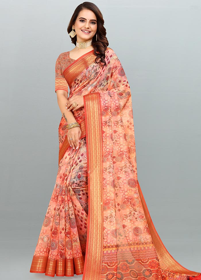 Peach Cotton Saree With Blouse Piece