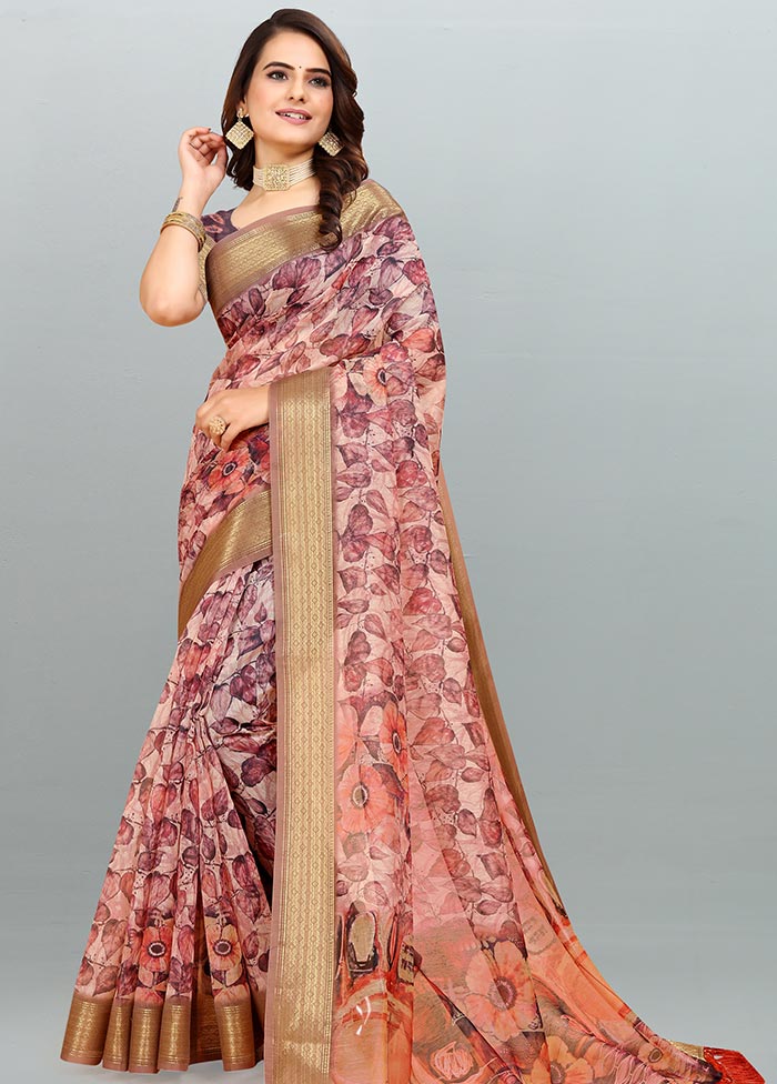 Peach Cotton Saree With Blouse Piece