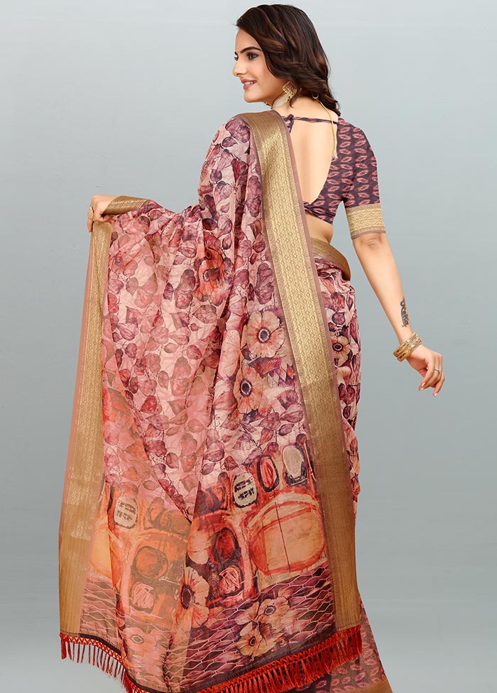 Peach Cotton Saree With Blouse Piece